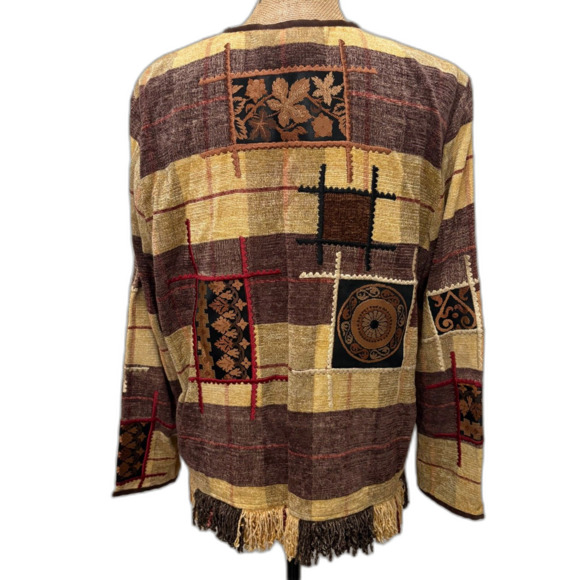 Vintage Allure Chenille Fringe Jacket Patchwork Applique Bohemian Size Medium - Picture 5 of 6